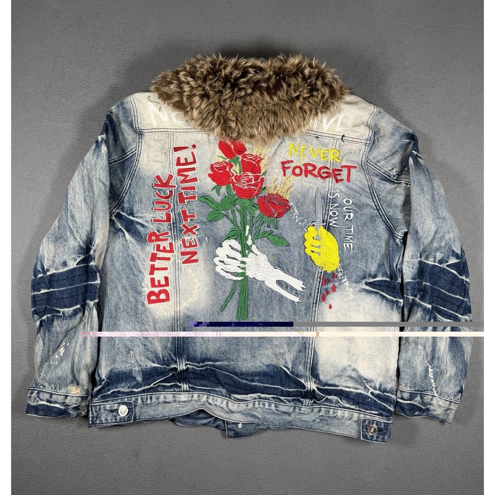 Reason Mulberry Moto Mens Acid Wash Graphic Denim Jacket 2XL Faux Fur Blue - Picture 3 of 8